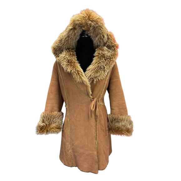 Platinum Penny Lane Faux Fur Suede Coat Hooded Boho 70s Style Small Brown - Picture 1 of 13